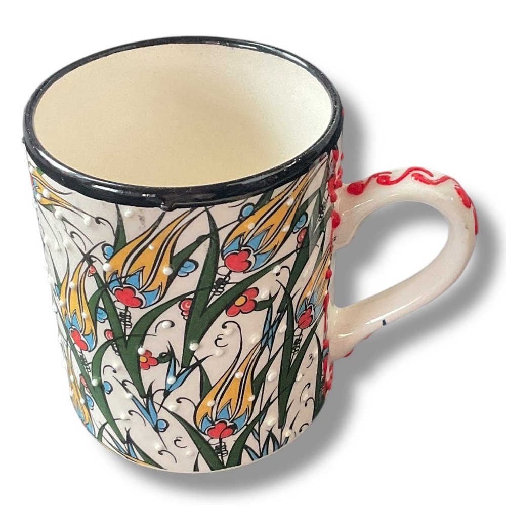 Nakkas Mug Hand Painted Ceramic White Black Red Floral Unique Gift Coffee Cup‎